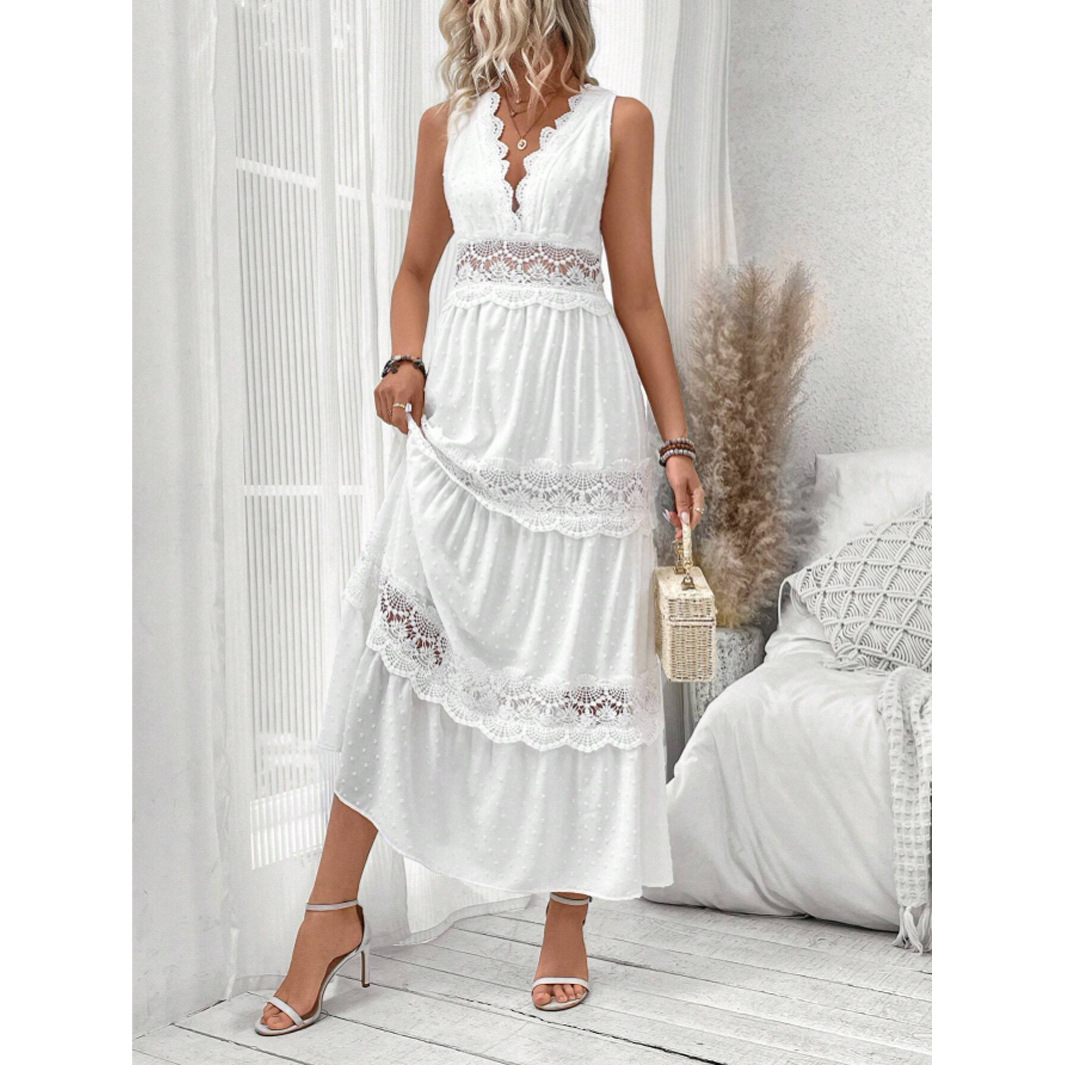 VCAY Women's Lace Panel V-Neck Sleeveless A-Line Maxi Dress