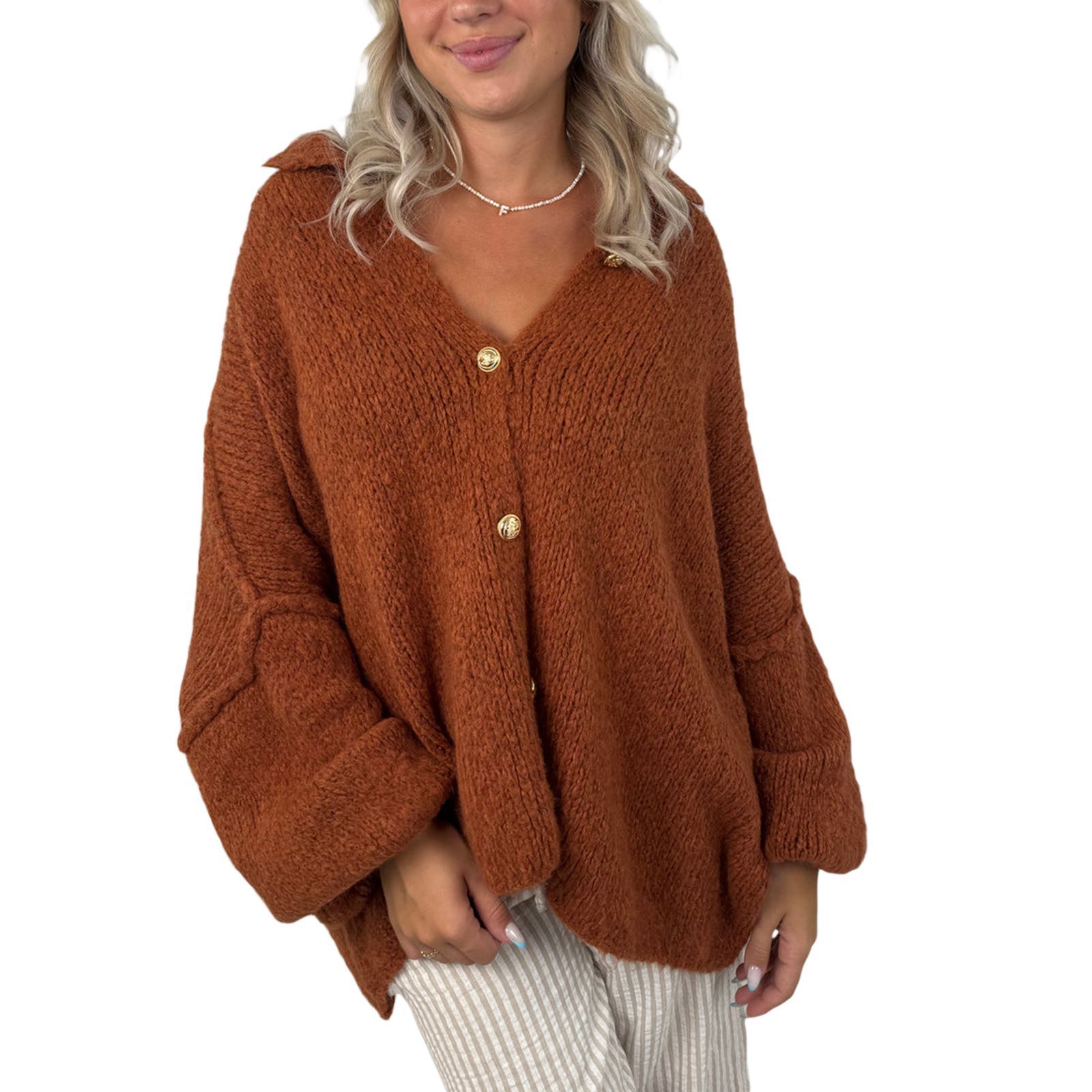 Women's Solid Color Loose Knit Cardigan Long Sleeve Round Neck