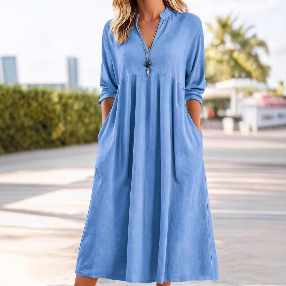 Women's Casual Loose Vintage Cotton Linen V-Neck Pocket Midi Dress