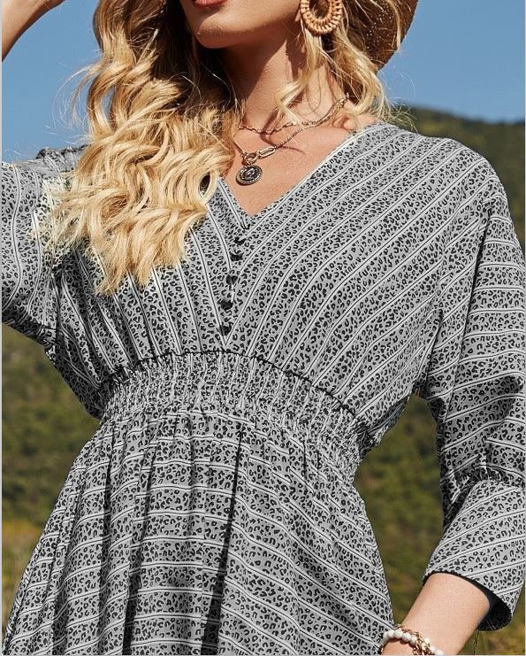 V-Neck Striped Midi Dress Casual High Waist