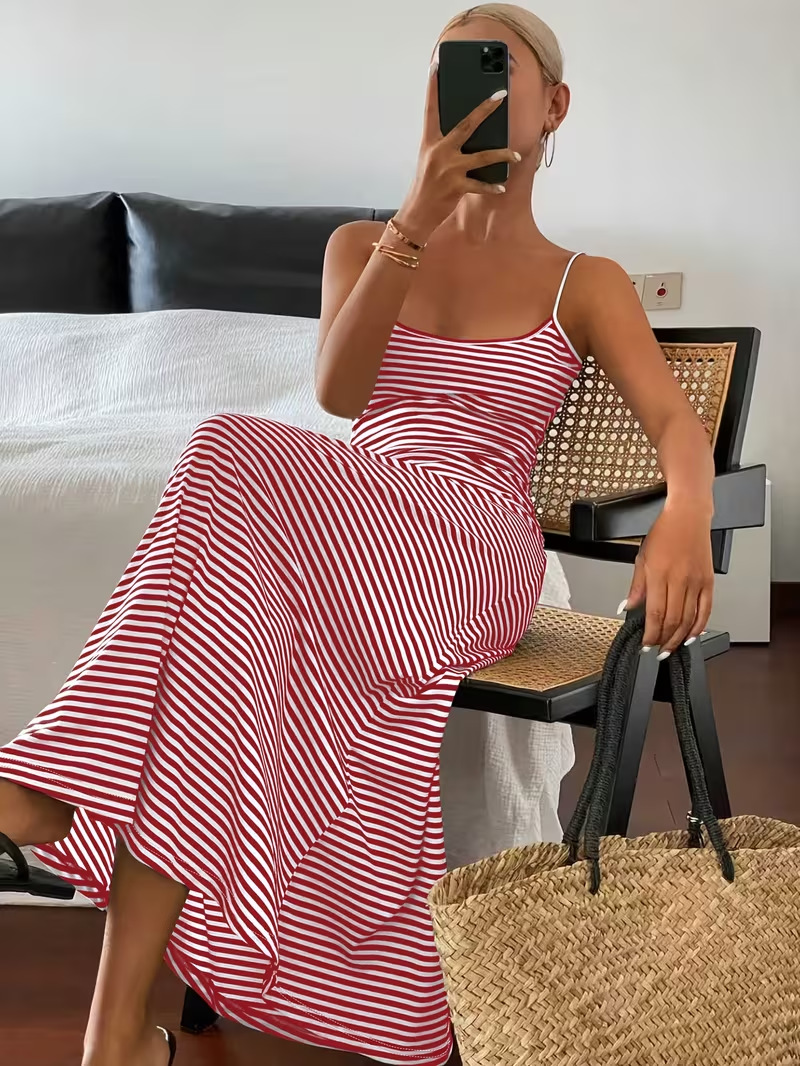 Striped Open-Back Sleeveless A-Line Midi Dress