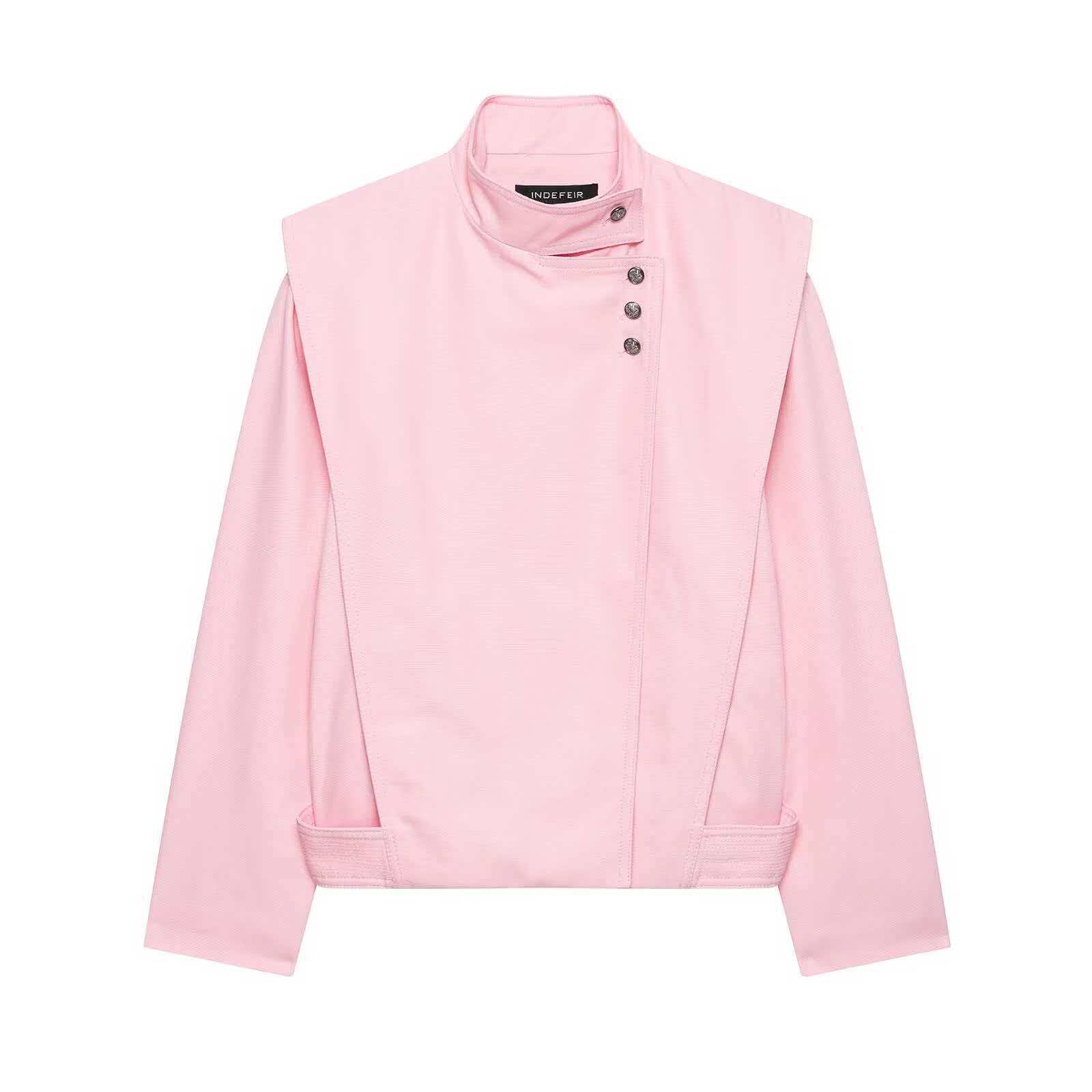 Pink Asymmetrical Button-Front Jacket, Loose Fit Mid-Length