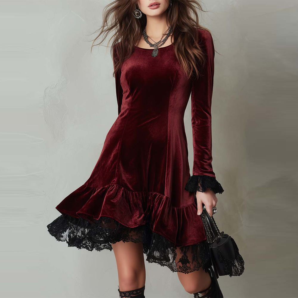 Women's French Lace Panel Dress Long Sleeve High Waist Midi