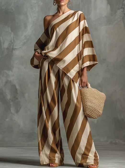 Relaxed Retro Striped Print Top and Wide-Leg Pants Set