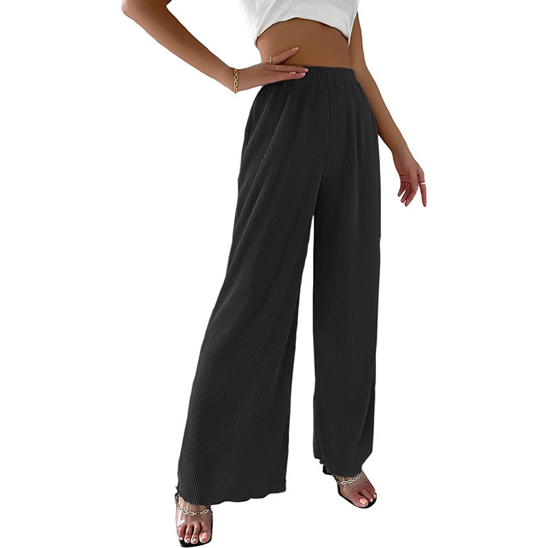 Women's Solid Pleated Wide-Leg Pants Casual High Waist