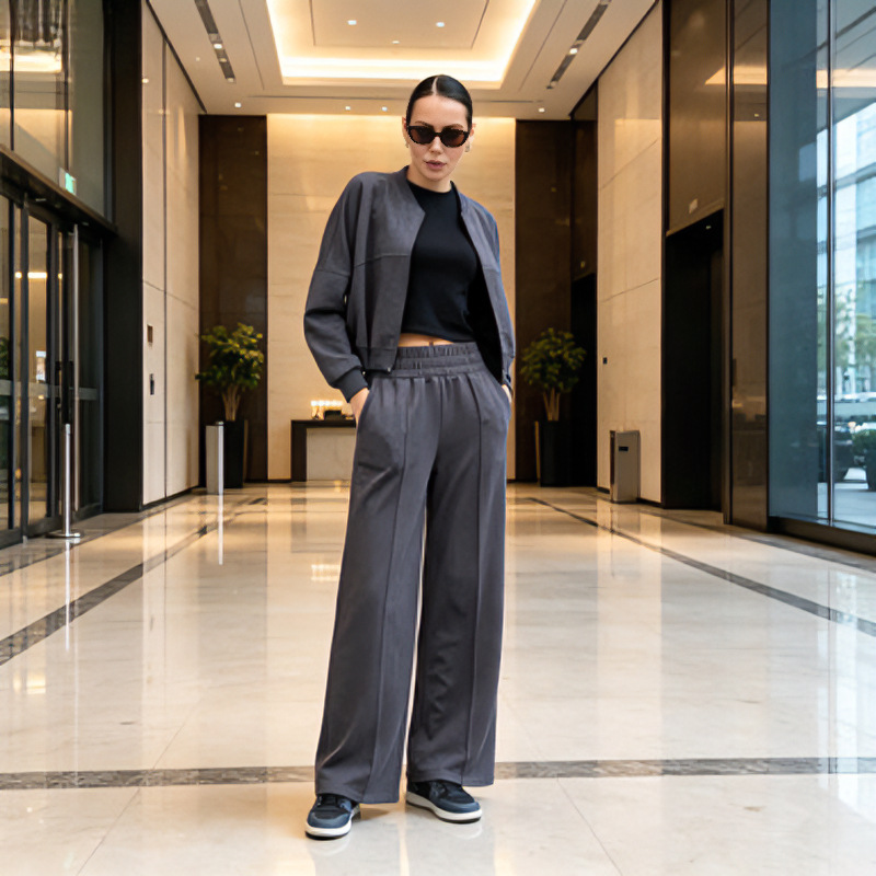 Women's Faux Suede Zip Cardigan & Elastic Waist Pants Set