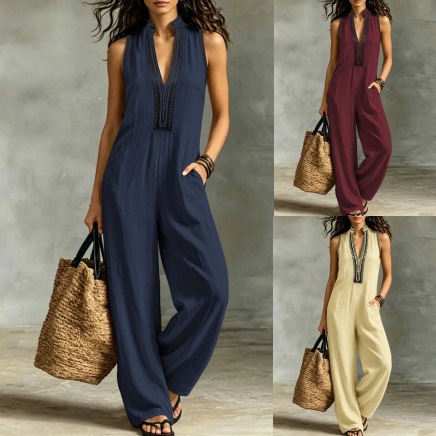 Ethnic Embroidered Sleeveless Wide-Leg Jumpsuit with Pockets