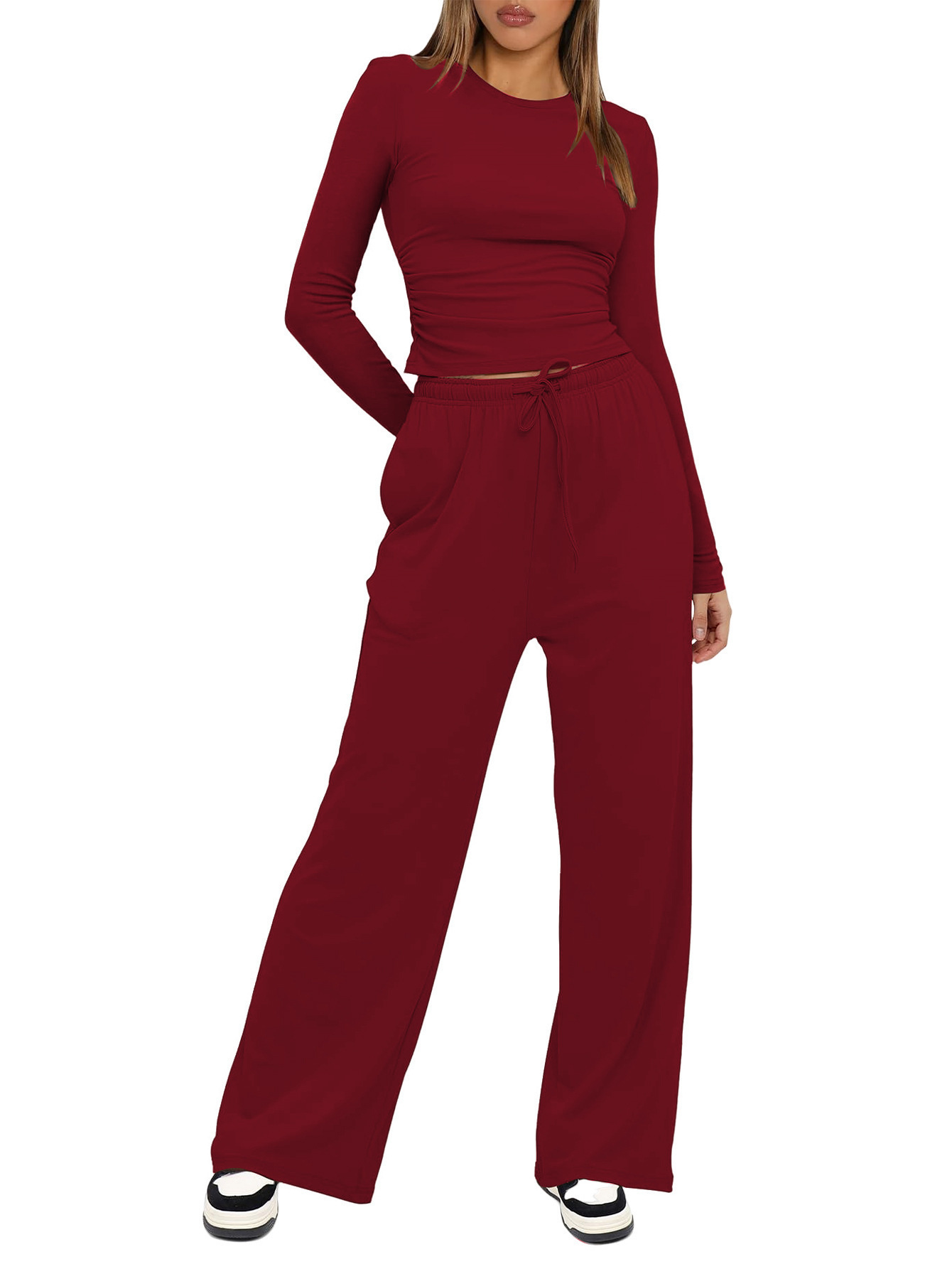 Solid Color Long Sleeve Top & High-Waist Wide-Leg Pants Set