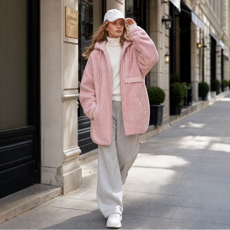 Women's Cherry Blossom Pink Hooded Fleece Mid-Length Coat