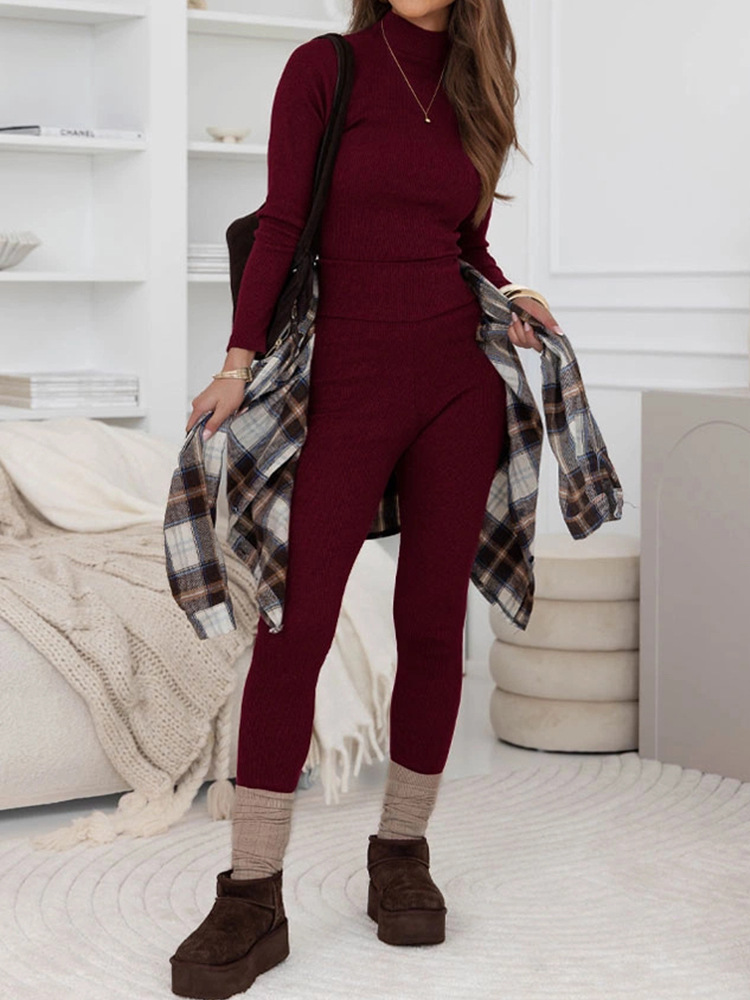 Women's Turtleneck Knit Two-Piece Set Slim Fit Top and Pants