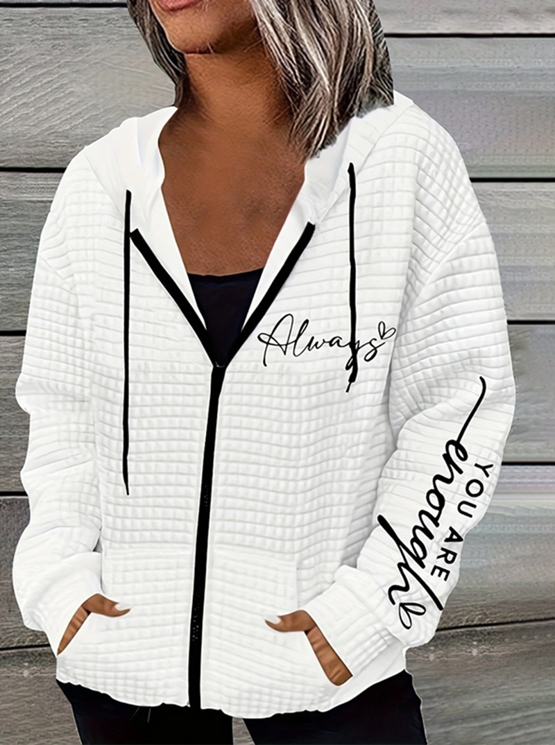 Letter Print Zip-Up Hooded Sweatshirt Jacket for Women