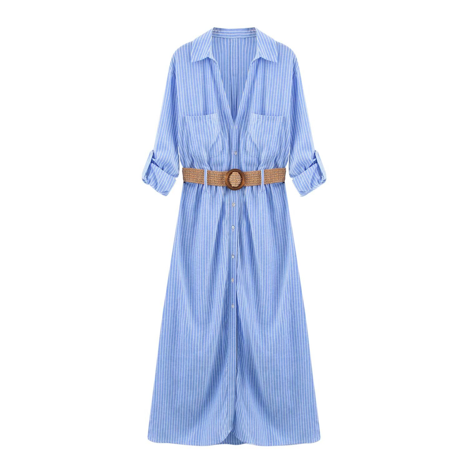 Women's Belted Shirt Dress with Pleated A-Line Skirt