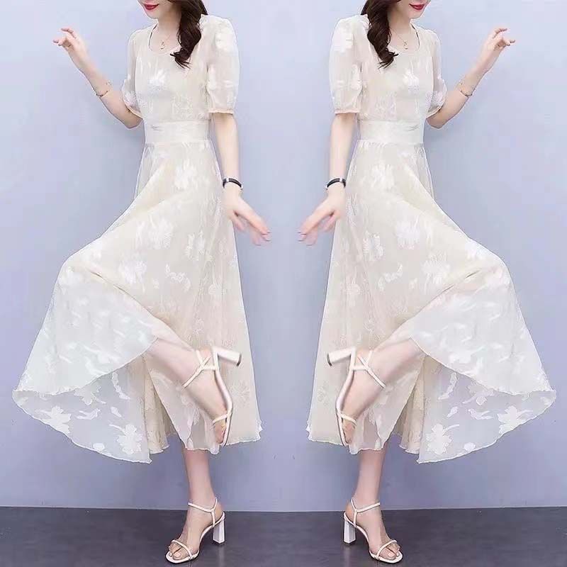 Women's Floral A-Line Midi Dress Short Sleeve Round Neck