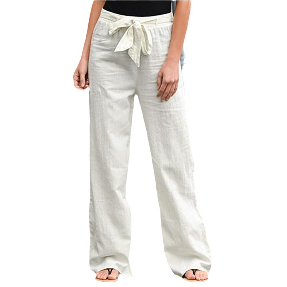 Women's Summer Cotton Wide-Leg Pants with Elastic Waist Solid Color Loose Fit