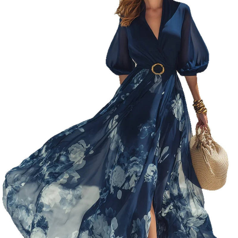 Bohemian Ink Wash V-Neck Maxi Dress Puff Sleeve A-Line