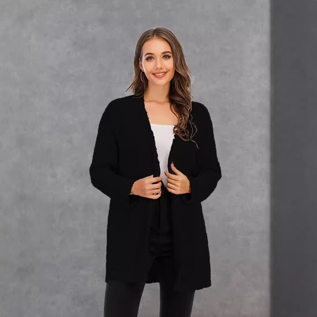 Plus Size Knit Cardigan with Pockets Mid-Length Sweater Coat