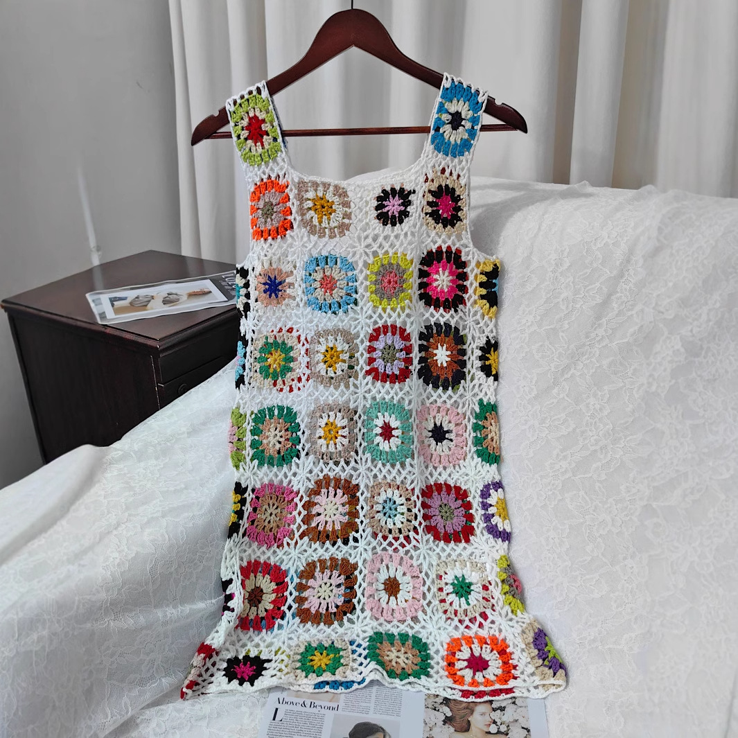 Bohemian Hand-Crocheted Hollow Out Cami Dress Sexy Diamond Grid Vest Dress