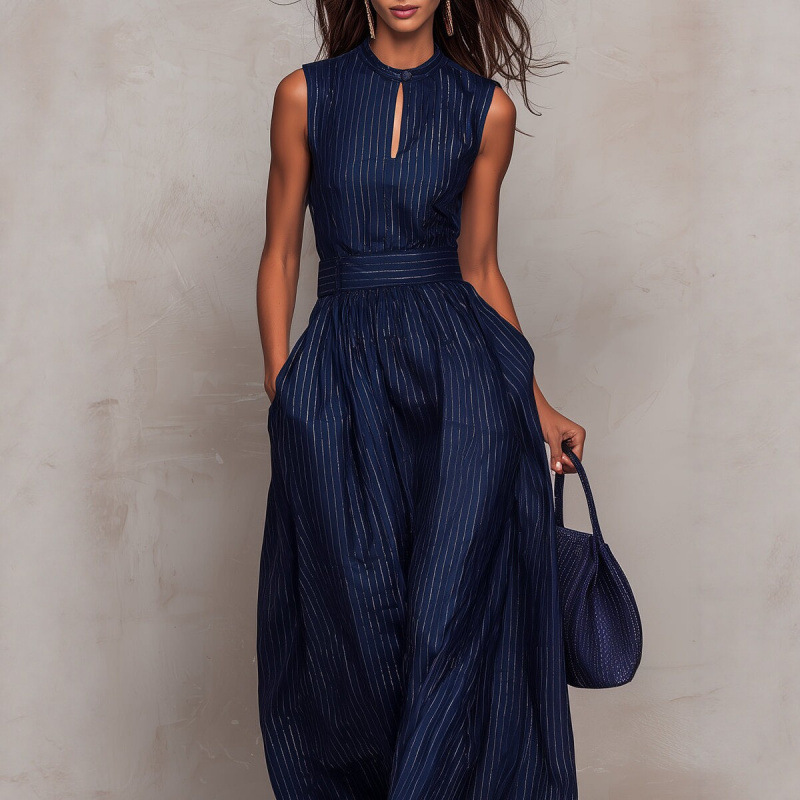 Navy Striped Sleeveless Wide-Leg Jumpsuit with Waist Cinch