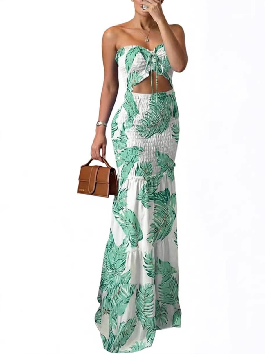 Tropical Print Smocked Tube Top and Ruffle Hem Long Pants Set