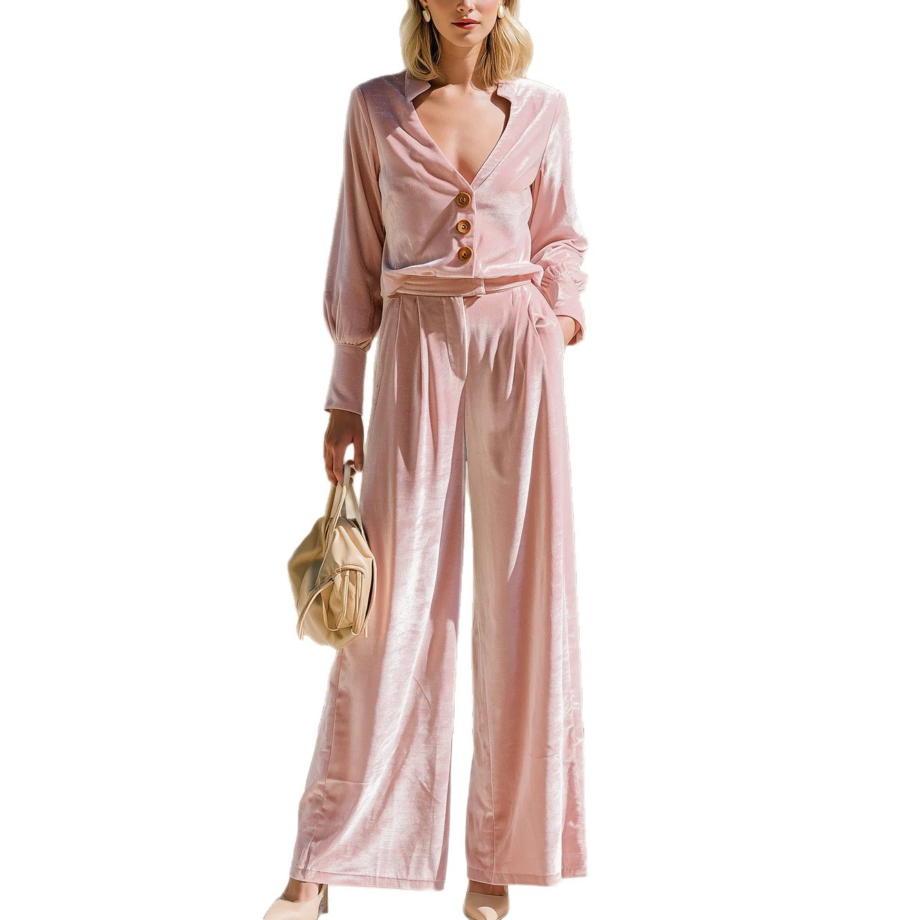 Elegant Velvet Button Long Sleeve Loose Straight-Leg Casual Two-Piece Set for Women