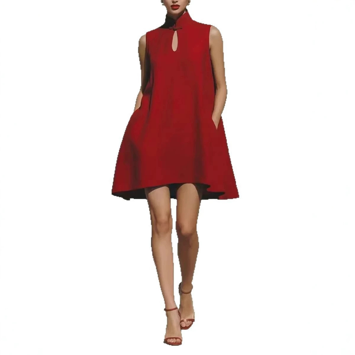 Sleeveless A-Line Midi Dress with Butterfly Buckle
