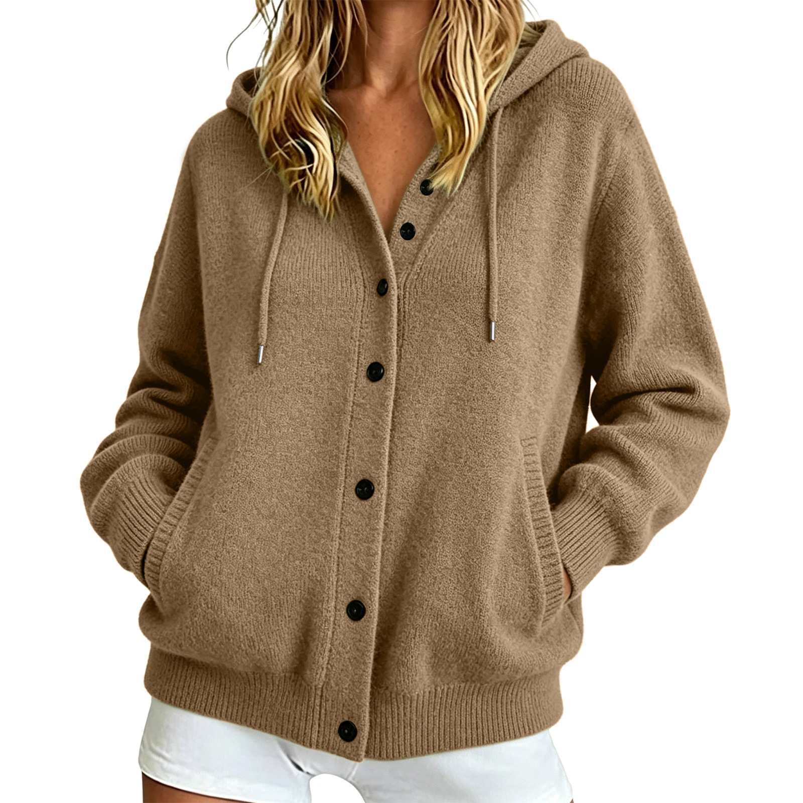 Button-Up Hooded Knit Cardigan Sweater, Solid Color Casual
