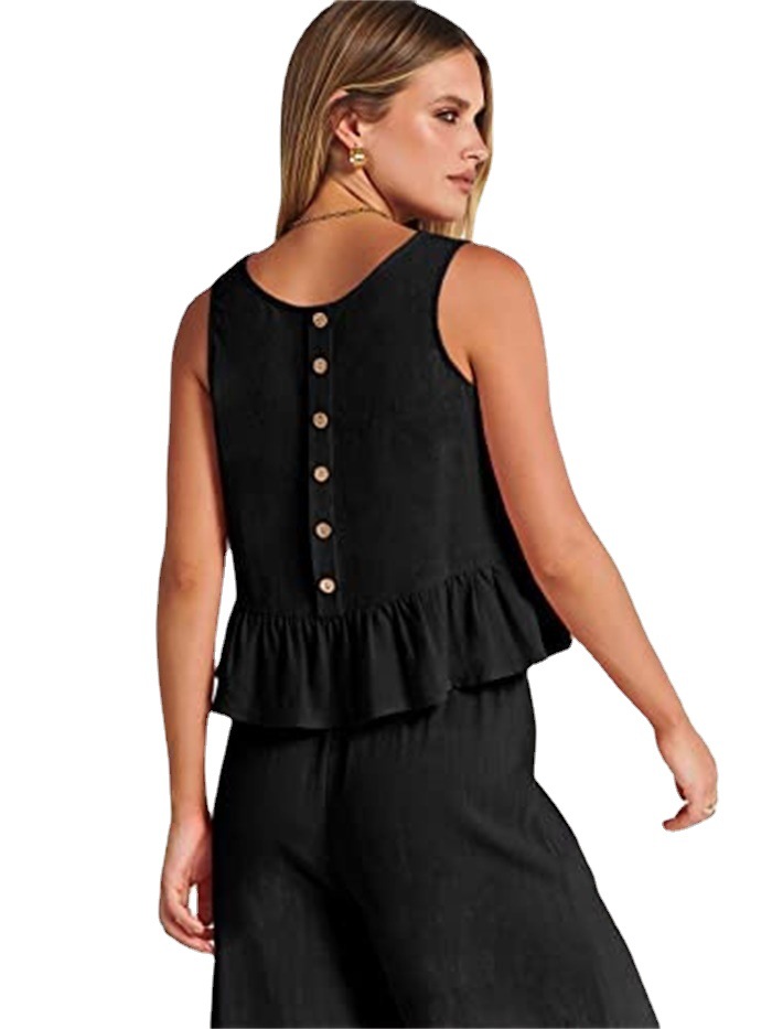 Women's Sleeveless Pleated Tank Top and Wide-Leg Cropped Pants Casual Set