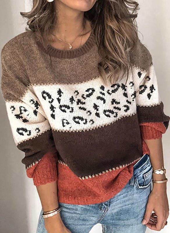 Leopard Print Patchwork Knit Pullover Sweater