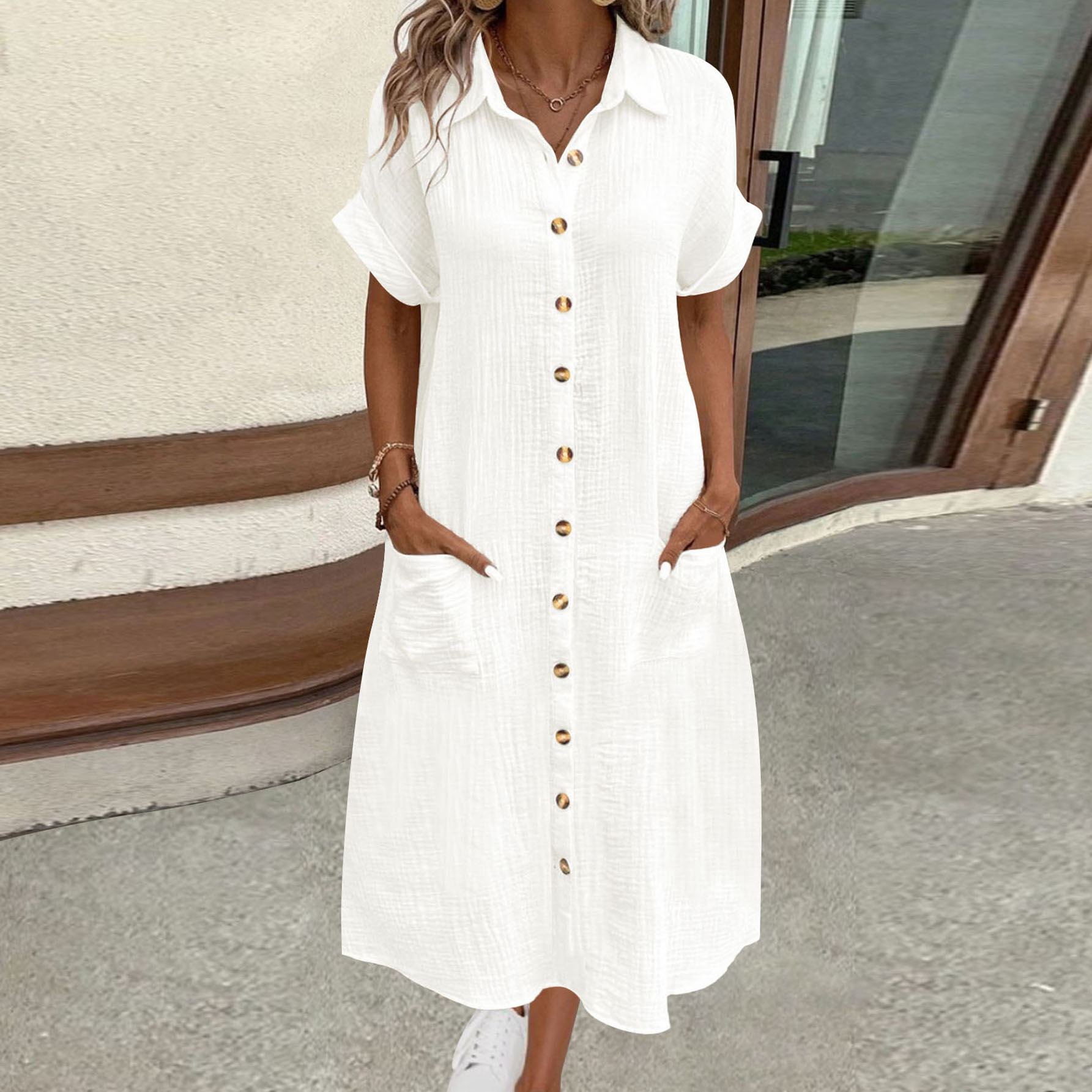 Women's Short Sleeve Long Shirt Dress Solid Color Casual
