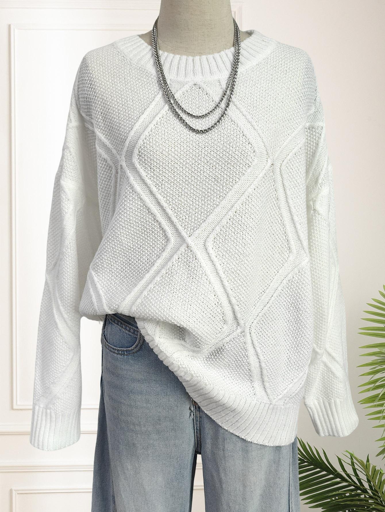 Women's Argyle Jacquard Pullover Sweater Loose Casual Crew Neck Long Sleeve
