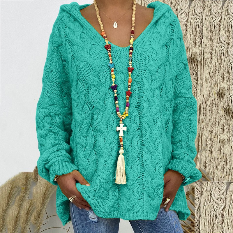 Women's Cable-Knit Hooded Sweater, Pure Color Pullover
