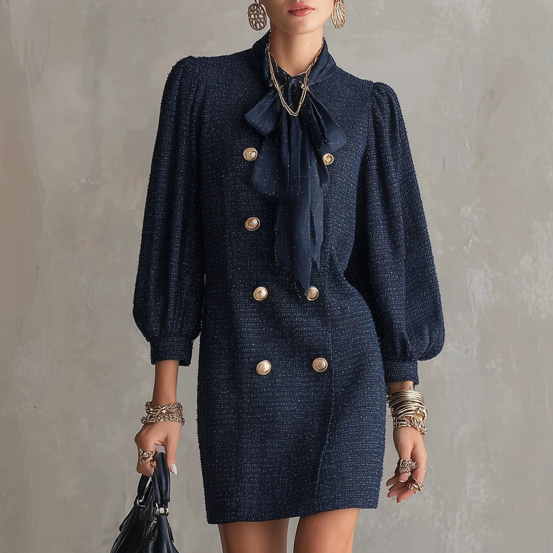 Double-Breasted Bow-Collar Mini Dress