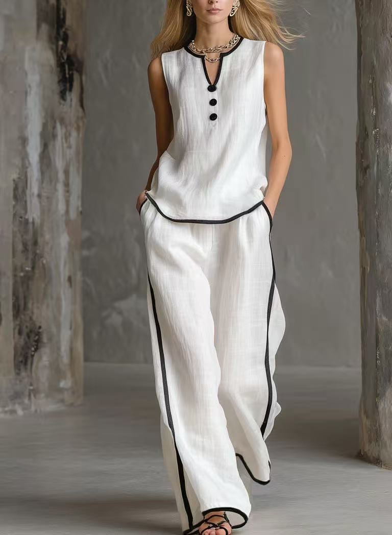 Sleeveless V-Neck Colorblock Wide-Leg Pant Set