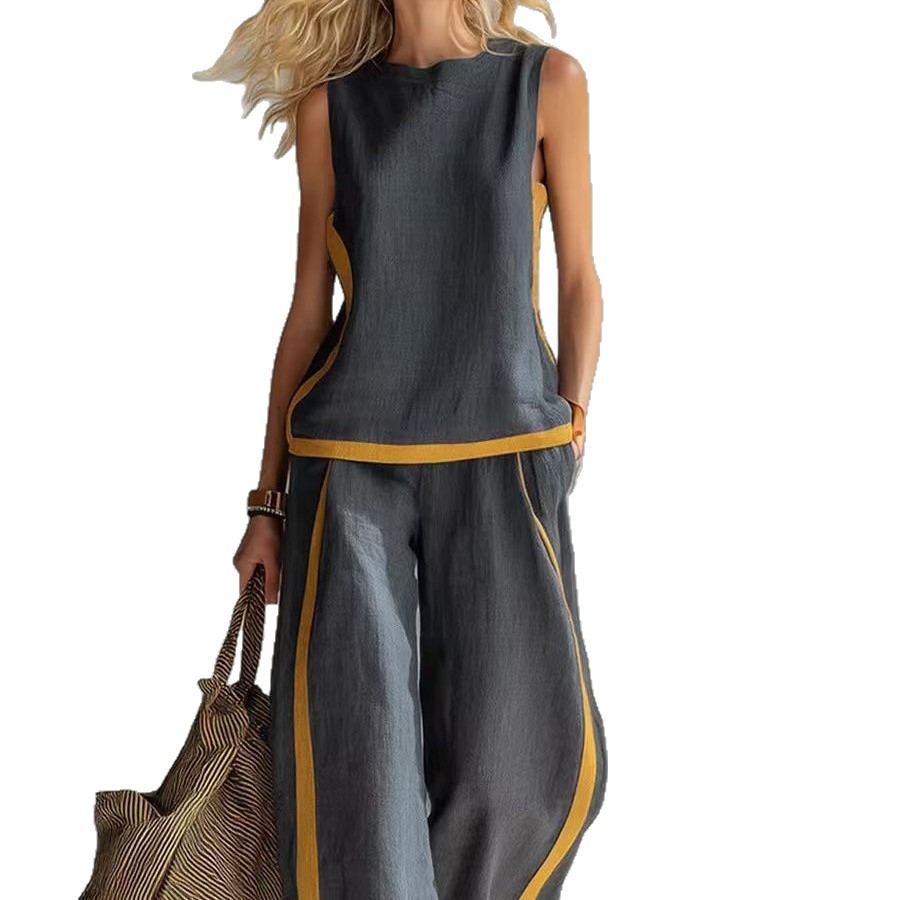 Women's Sleeveless Color-Block Wide-Leg Pant Set Casual Two-Piece