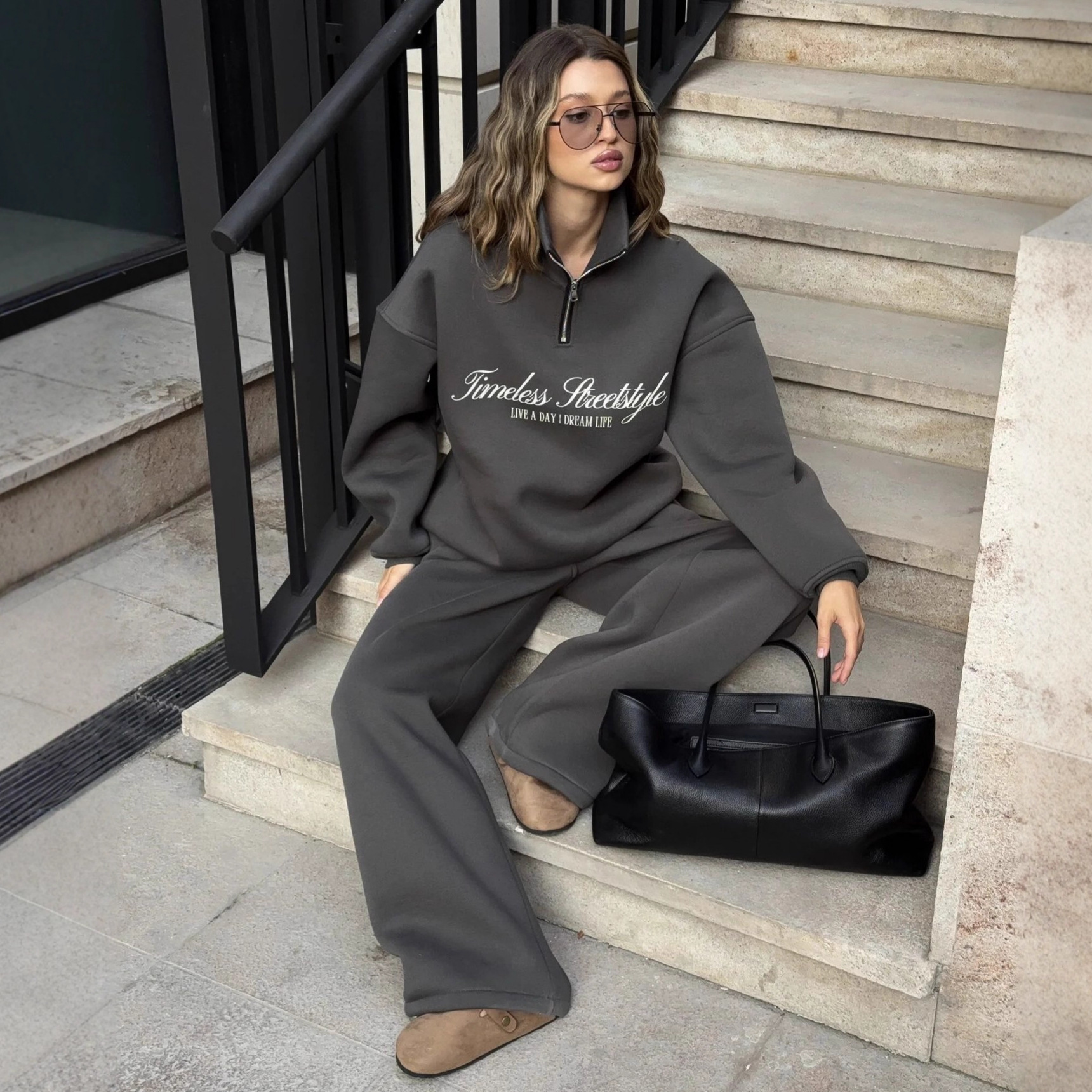 Letter Print Long Sleeve Hoodie and Pants Casual Two-Piece Set Oversize Pullover Sweatsuit