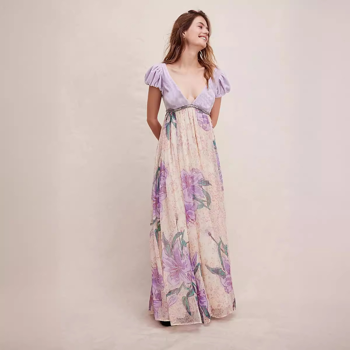 Women's Short Sleeve V-Neck Patchwork Tie-Waist Maxi Dress