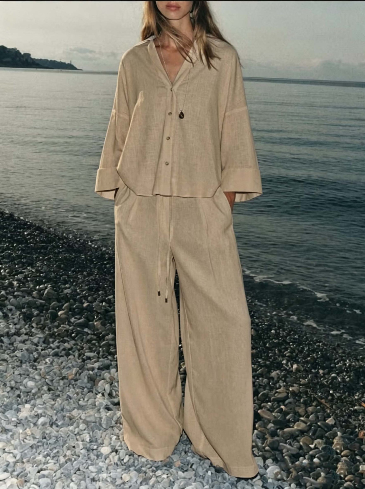 Women's Solid Color Shirt and Pants Set Casual Cotton Blend