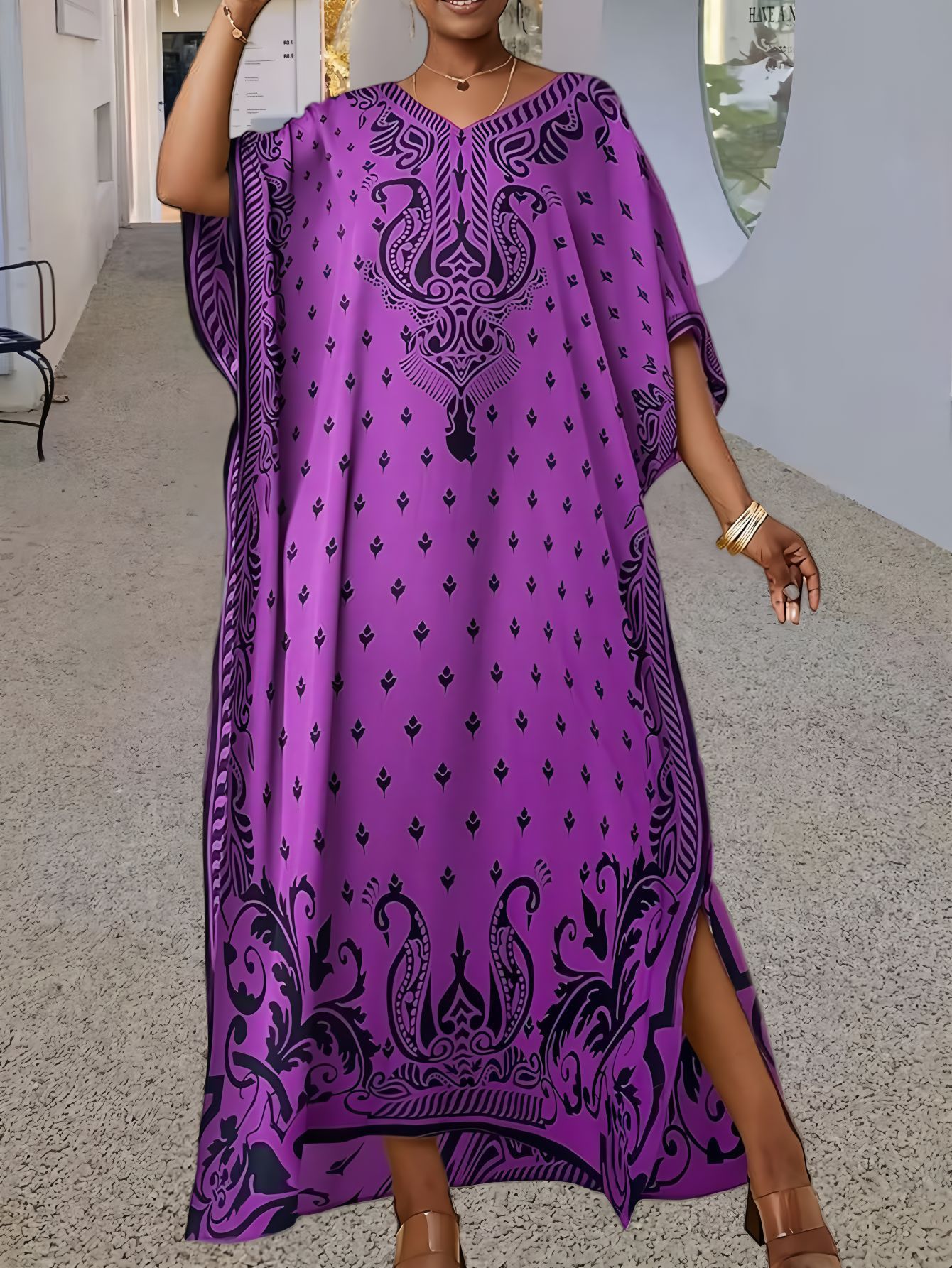 Women's Loose V-Neck Printed Long Sleeve Maxi Robe