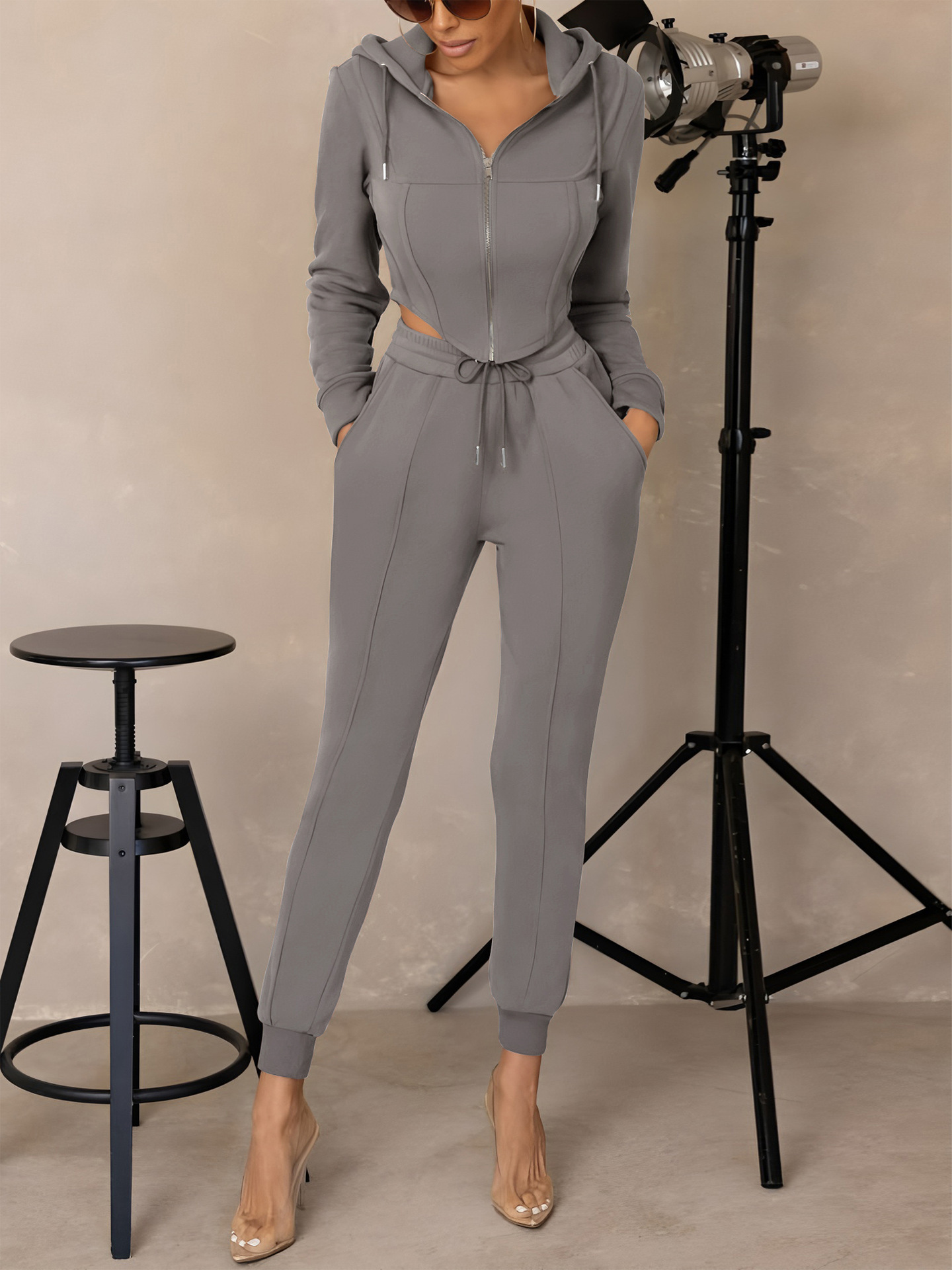 Women's Hooded Zip-Up Cropped Sweatshirt & Jogger Set