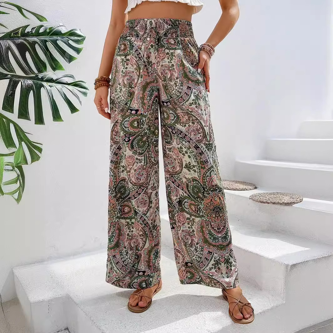 Women's Printed Wide-Leg Pants with Elastic Waist