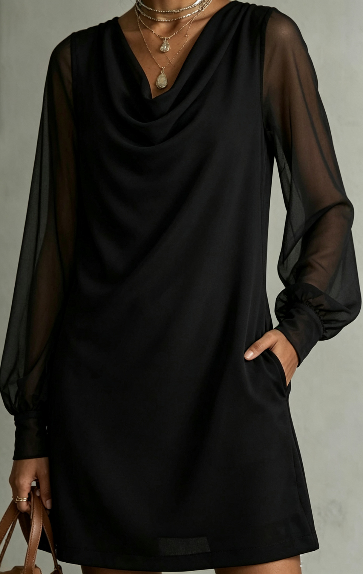 Women's Cowl Neck Sheer Mesh Long Sleeve Dress with Pockets