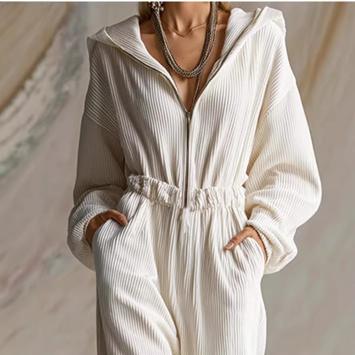 White Corduroy Hooded Zip Long Sleeve Jumpsuit