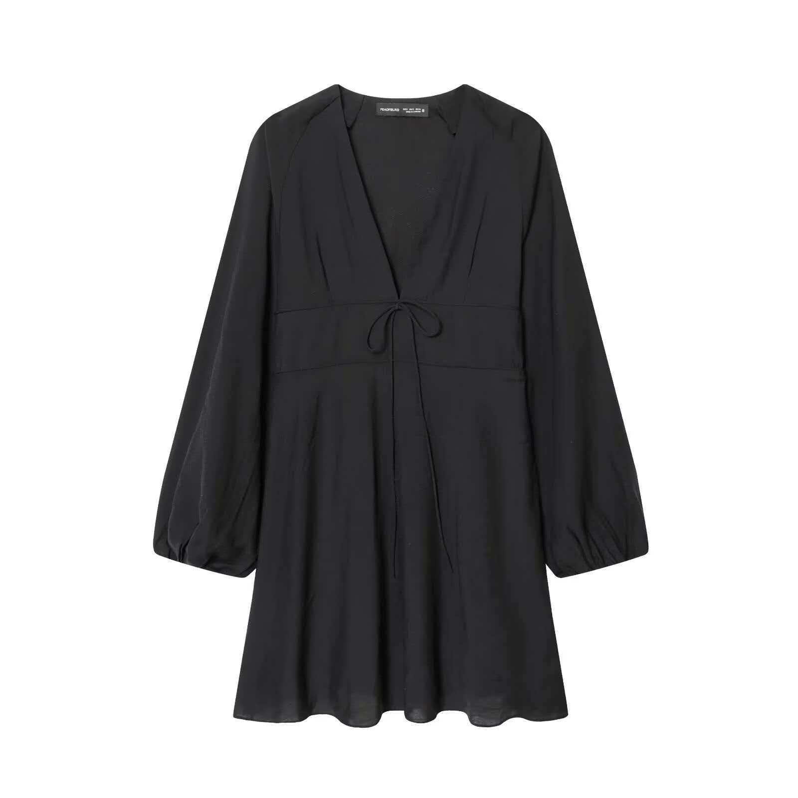 Tie-Waist V-Neck Long Sleeve Dress