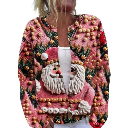 Women's Christmas Cardigan with Cartoon Star Santa Print and Buttons