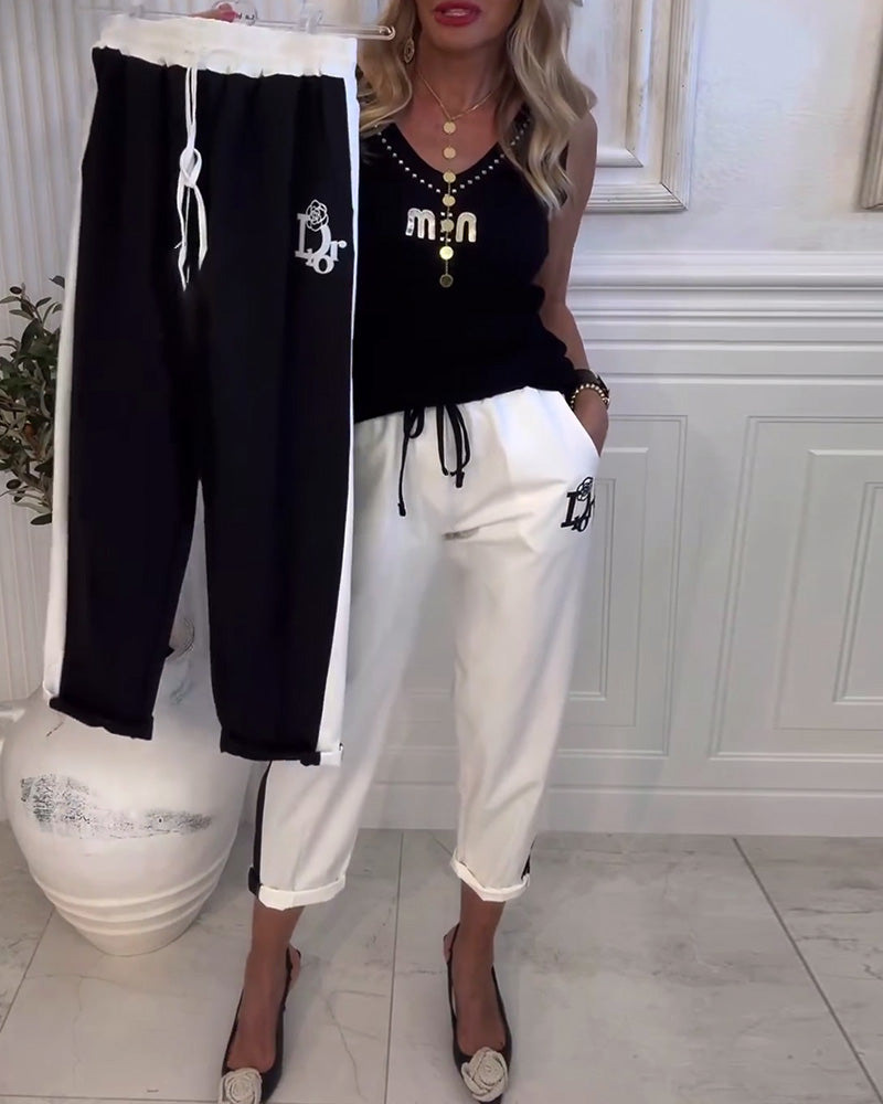 Women's Colorblock Loose Straight-Leg Pants with Pockets