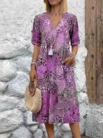 Women's Printed V-Neck Midi Dress with Pockets Casual Vacation Home Wear