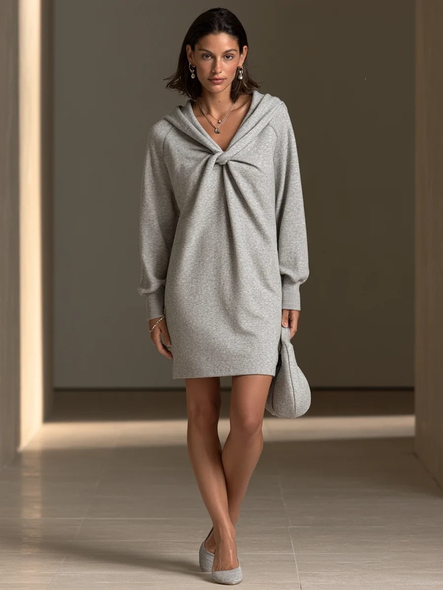 Women's Twist Front Loose Hooded Mini Dress