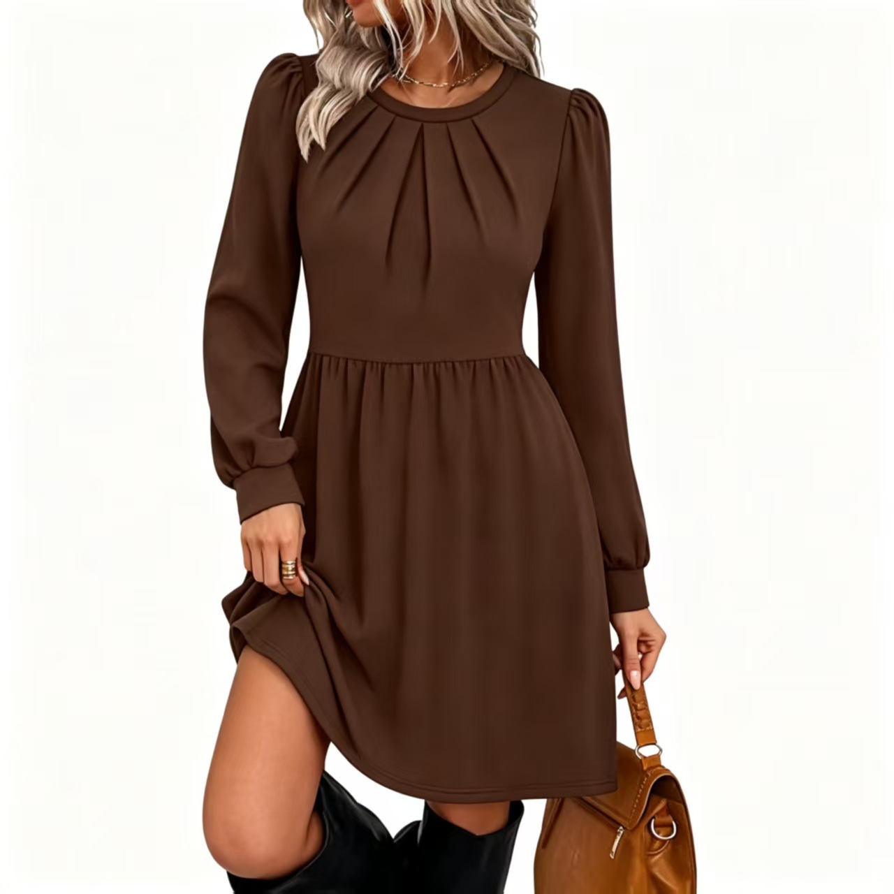 Korean Retro Plaid Long Sleeve Dress High Waist Flared Babydoll