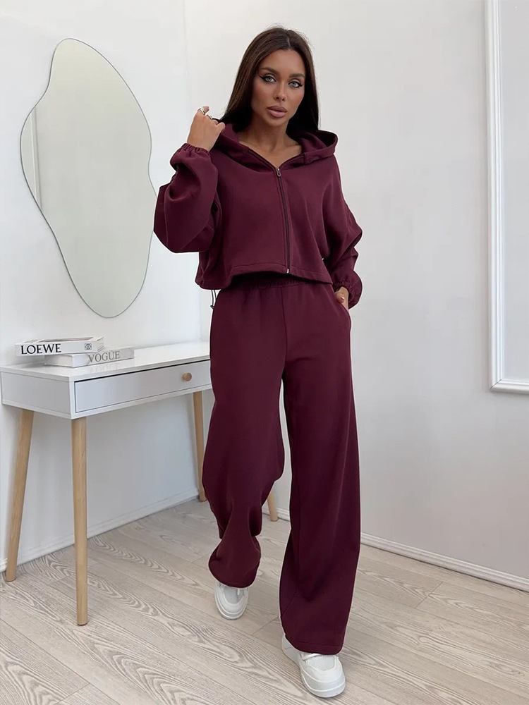 Women's Cotton Zip-Up Hoodie and Wide-Leg Pants Two-Piece Set