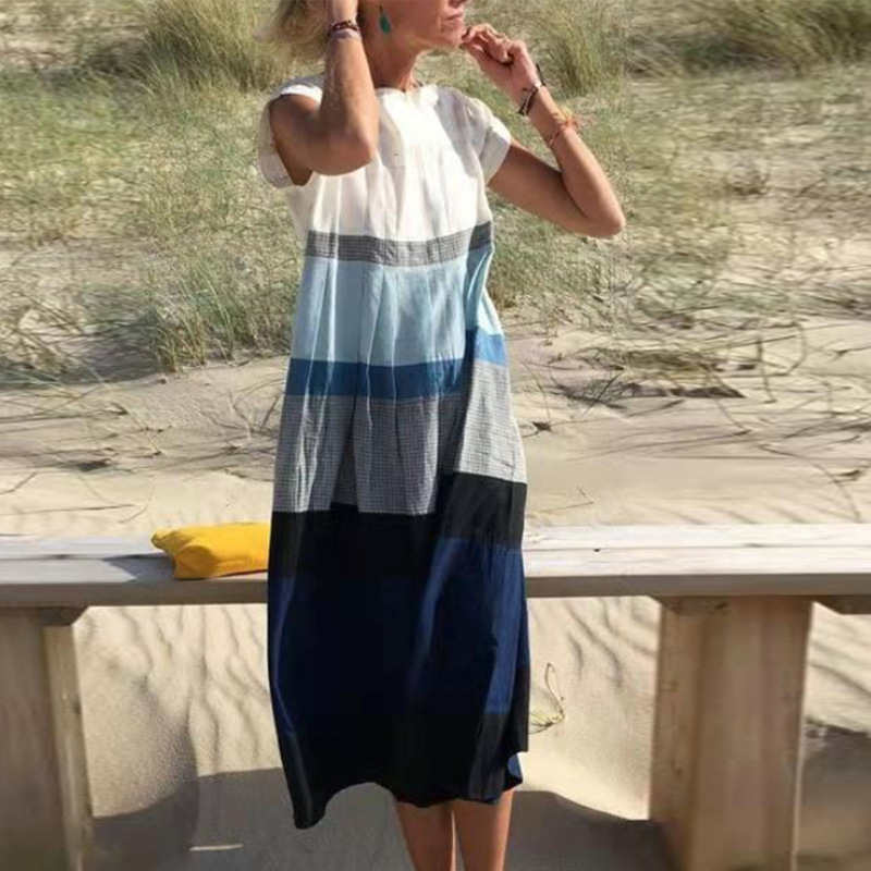 Women's Digital Print Crew Neck Short Sleeve Pleated Maxi Dress